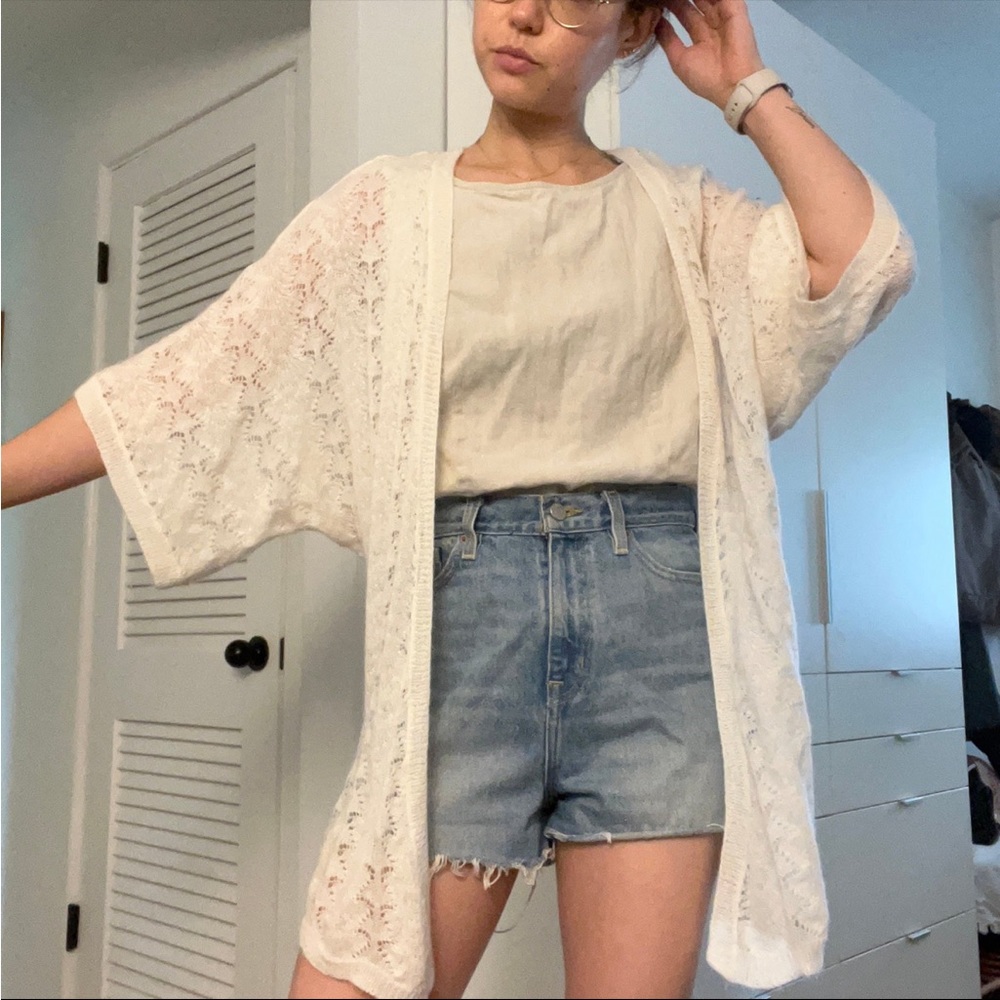 Cream crochet kimono cardigan open sweater boho